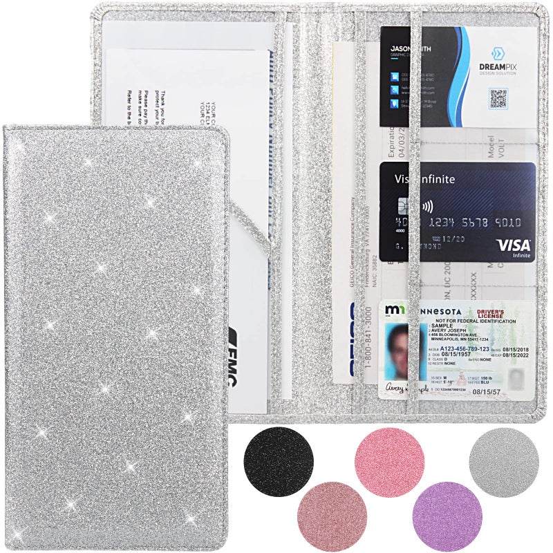 Bodskad Car Registration and Insurance Holder, Premium Leather Insurance and Registration Holder,vehicle Glove Box Car Organizer, with Magnetic Shut for Cards, Driver License (Glitter Silver) - Image 1