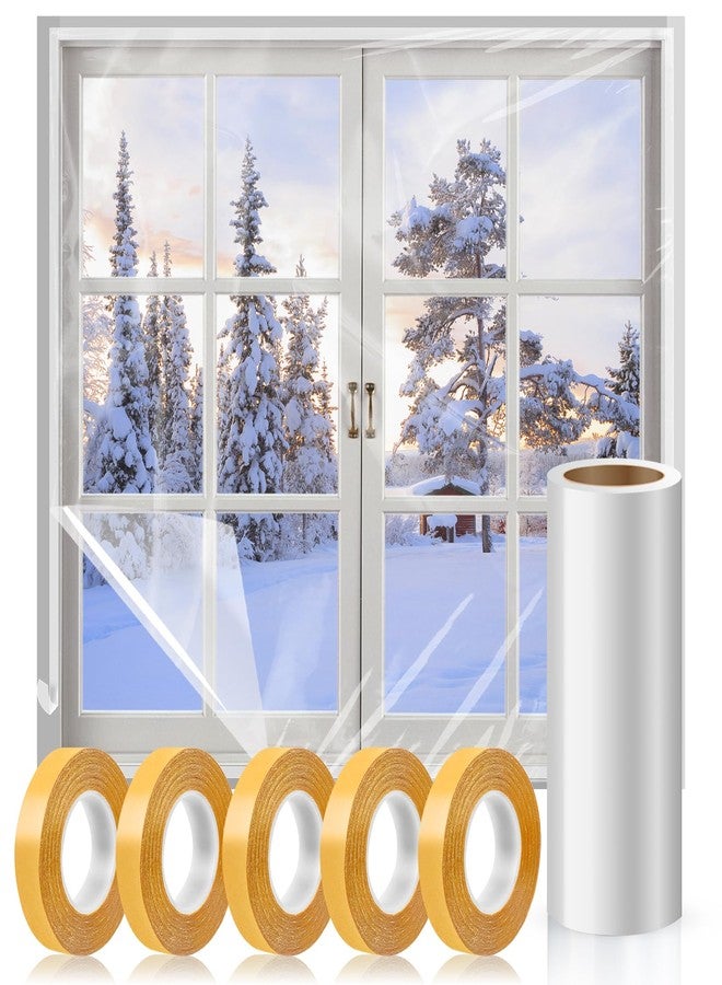 Phoncoo Window Insulation Kit, 63 × 394 Inch Plastic Window Coverings for Winter, Thicken Window Shrink Film Insulator Kit Windows Waterproof Winterizing with 4 Double-Sided Tape for 10 Pcs 3 x 5 Ft Windows - Image 1