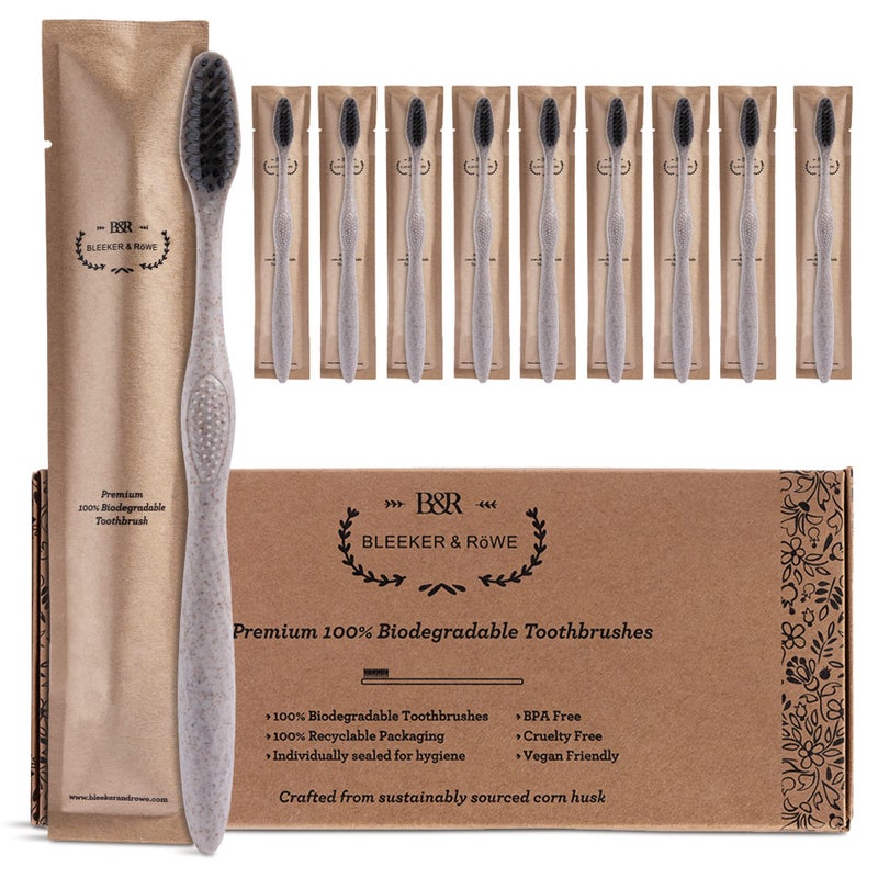 Bleeker and Rowe Biodegradable EcoFriendly Toothbrushes Individually Sealed BPA Free Soft Bristles Sustainable Recycled Packaging Pack of 10