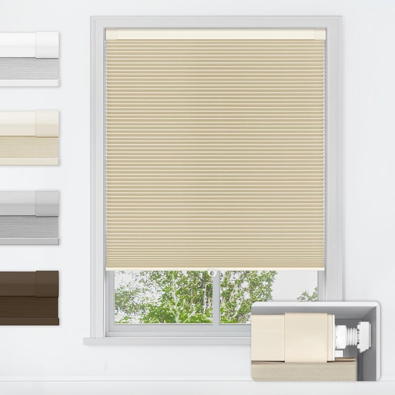 LazBlinds No Tools No Drill Cordless Cellular Shades, Blackout Light Blocking Honeycomb Shades for Home, Thermal Insulation Blinds for Windows, 22" W x 64" H, Beige - Image 1