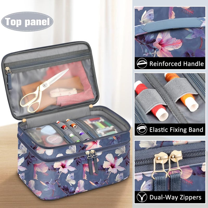 FINPAC Sewing Accessories Storage and Organizer Case, Double-Layer Sewing Kits Carrying Bag with Wrist Pin Cushion for Threads, Needles, Embroidery Floss Supplies, Felting Kits (Blooming Hibiscus) - Image 2