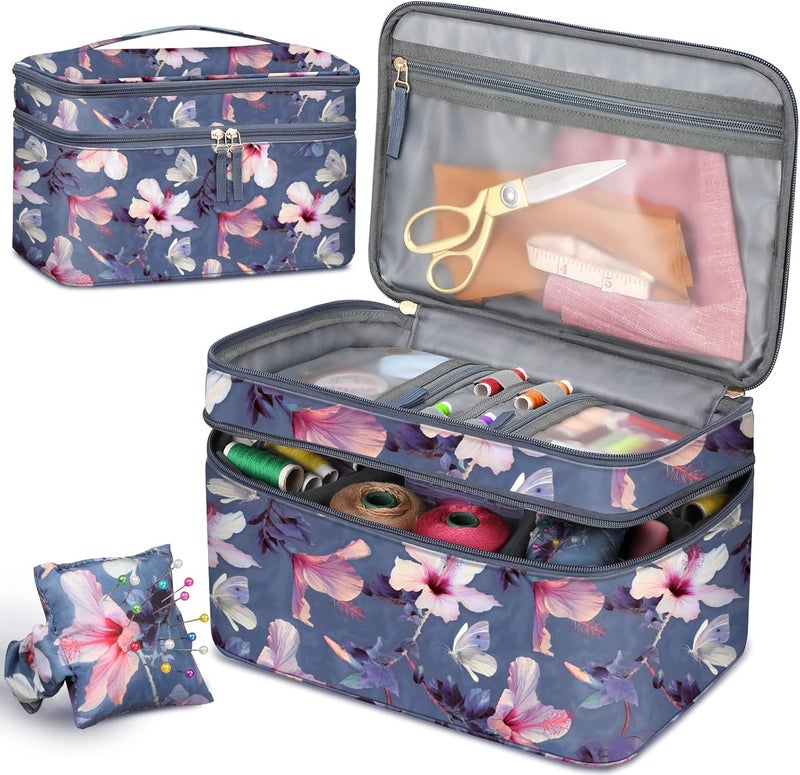 FINPAC Sewing Accessories Storage and Organizer Case, Double-Layer Sewing Kits Carrying Bag with Wrist Pin Cushion for Threads, Needles, Embroidery Floss Supplies, Felting Kits (Blooming Hibiscus) - Image 1