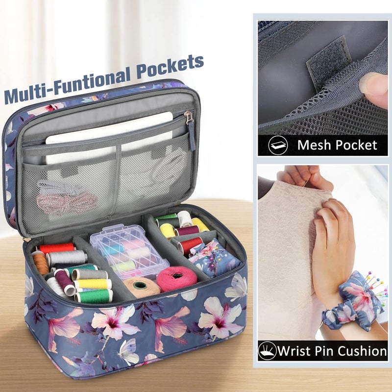 FINPAC Sewing Accessories Storage and Organizer Case, Double-Layer Sewing Kits Carrying Bag with Wrist Pin Cushion for Threads, Needles, Embroidery Floss Supplies, Felting Kits (Blooming Hibiscus) - Image 3