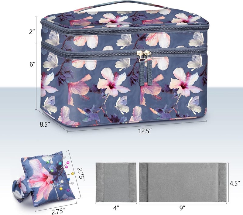 FINPAC Sewing Accessories Storage and Organizer Case, Double-Layer Sewing Kits Carrying Bag with Wrist Pin Cushion for Threads, Needles, Embroidery Floss Supplies, Felting Kits (Blooming Hibiscus) - Image 5
