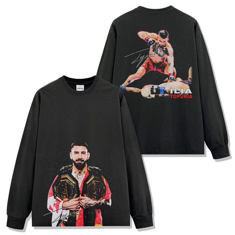 Cross-Border American Retro Ilia Topuria Printed Washed Short-Sleeved T-Shirt Casual Round Neck Hooded Sweatshirt Wholesale - Image 4