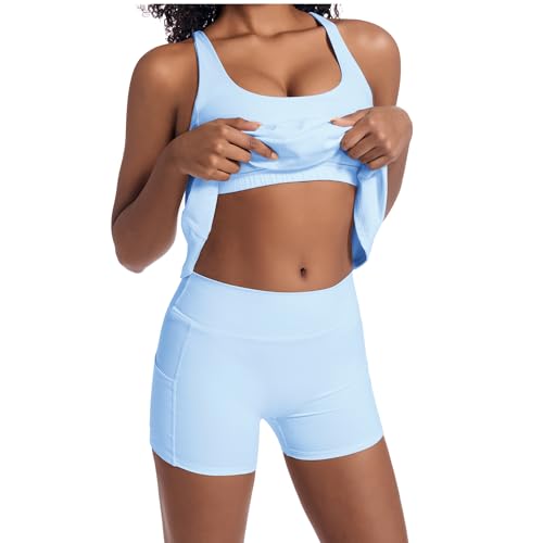 Topcloset Tennis Dress for Women Workout Dress with Built-in Bra & Shorts Pockets for Athletic Exercise Golf, Light Blue,M - Image 3