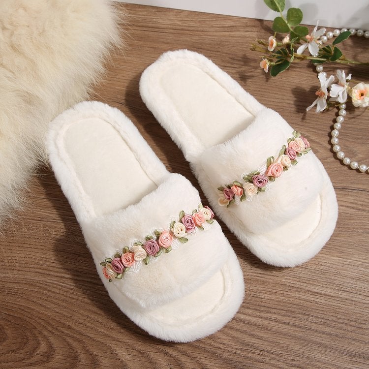 Women's Furry Flower Slippers Soft Sole Home Cotton Slippers 2025 Autumn Winter - Image 4