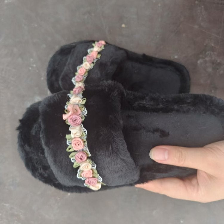 Women's Furry Flower Slippers Soft Sole Home Cotton Slippers 2025 Autumn Winter - Image 3