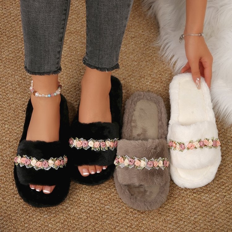 Women's Furry Flower Slippers Soft Sole Home Cotton Slippers 2025 Autumn Winter - Image 2