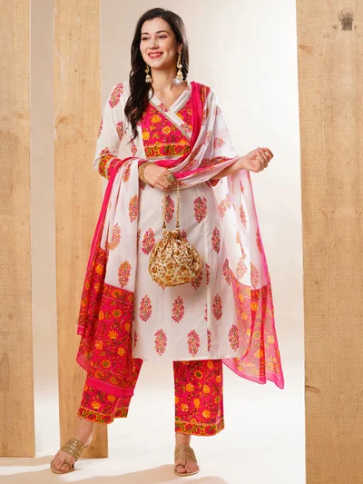 globus Women Floral Printed Panelled Pure Cotton Straight Kurta With Trousers & Dupatta