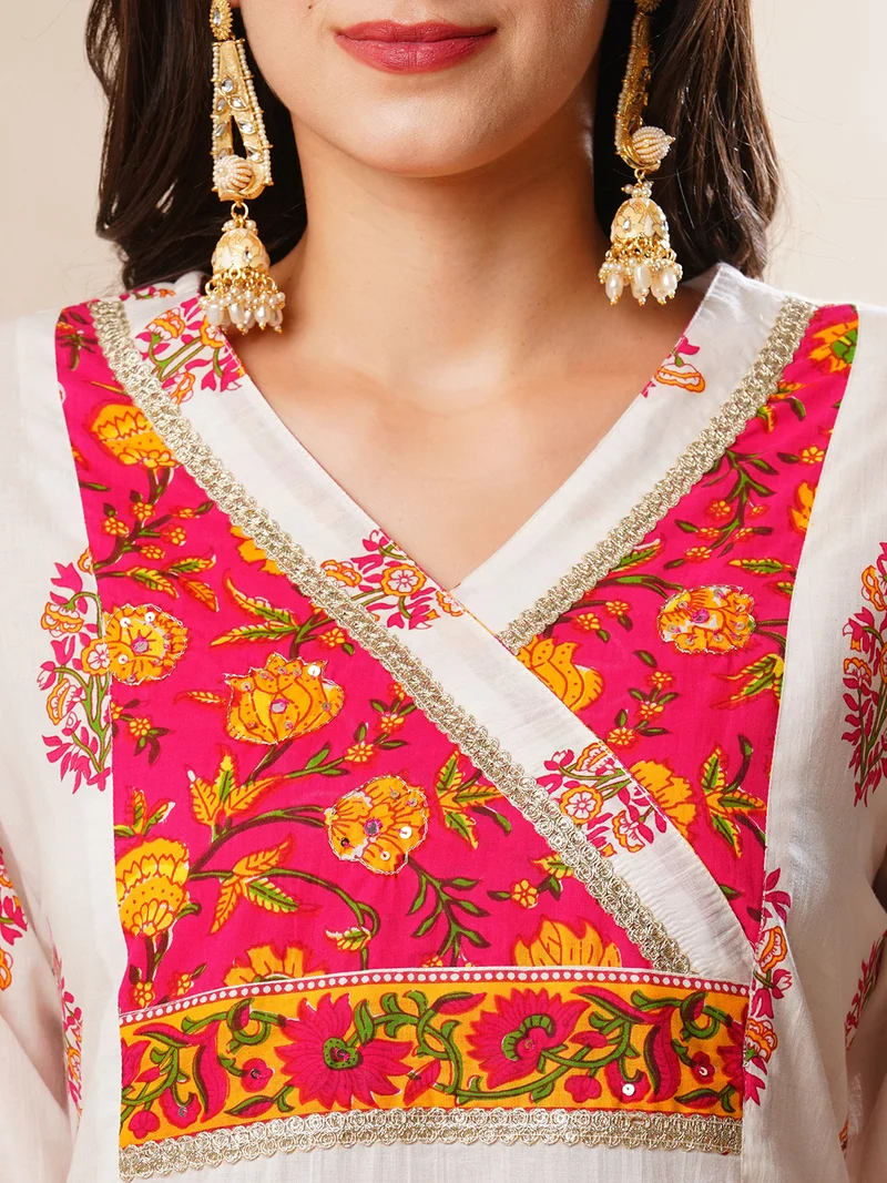 globus Women Floral Printed Panelled Pure Cotton Straight Kurta With Trousers & Dupatta