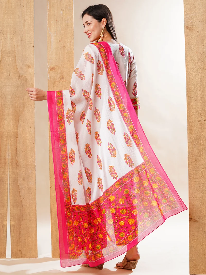globus Women Floral Printed Panelled Pure Cotton Straight Kurta With Trousers & Dupatta