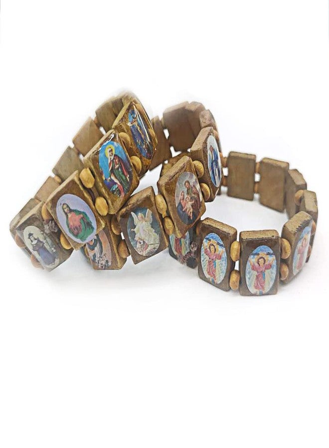 DATOA 4Pcs Wooden Jesus Virgin Mary Bracelet Saints Rosary Stretch Wooden Small Panel Bracelet Religious Saints Jesus Gift - Image 2