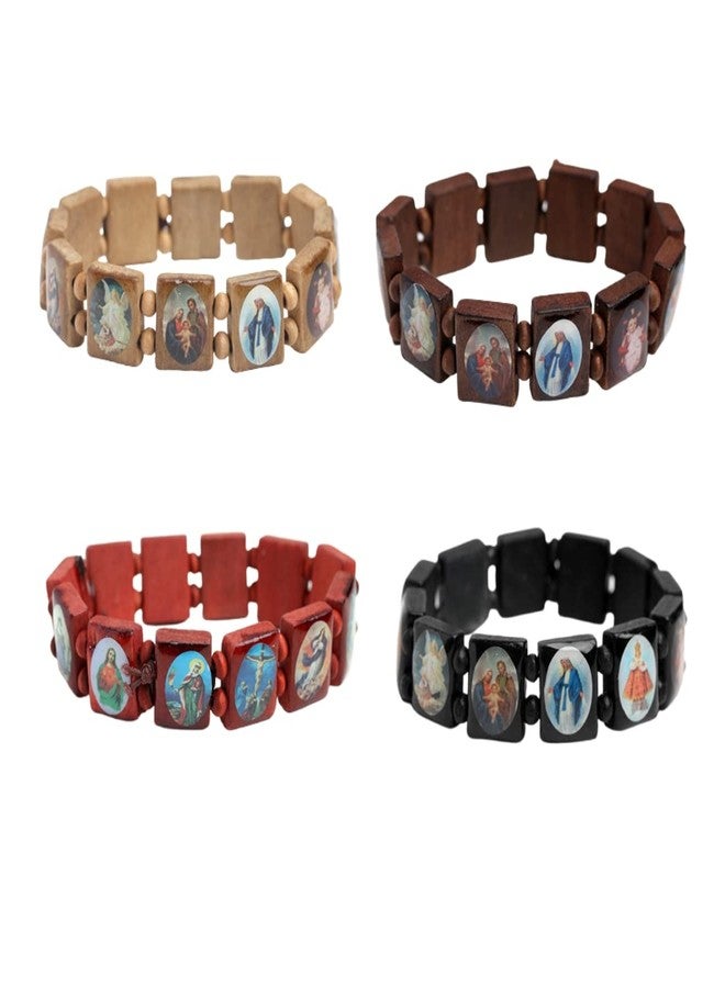 DATOA 4Pcs Wooden Jesus Virgin Mary Bracelet Saints Rosary Stretch Wooden Small Panel Bracelet Religious Saints Jesus Gift - Image 1