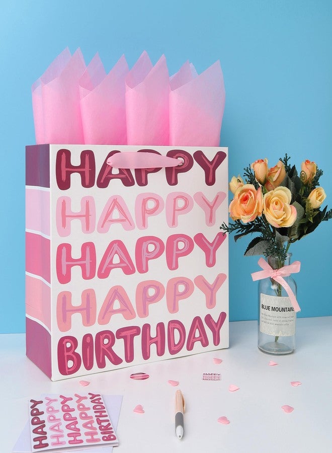 Qirrmiy 13'' Large Pink Happy Birthday Gift Bag Set with Handles, Greeting Card, Tissue Papers and Stickers for Women Girls Kids Teens, Words Design, 1 Pcs - Image 5