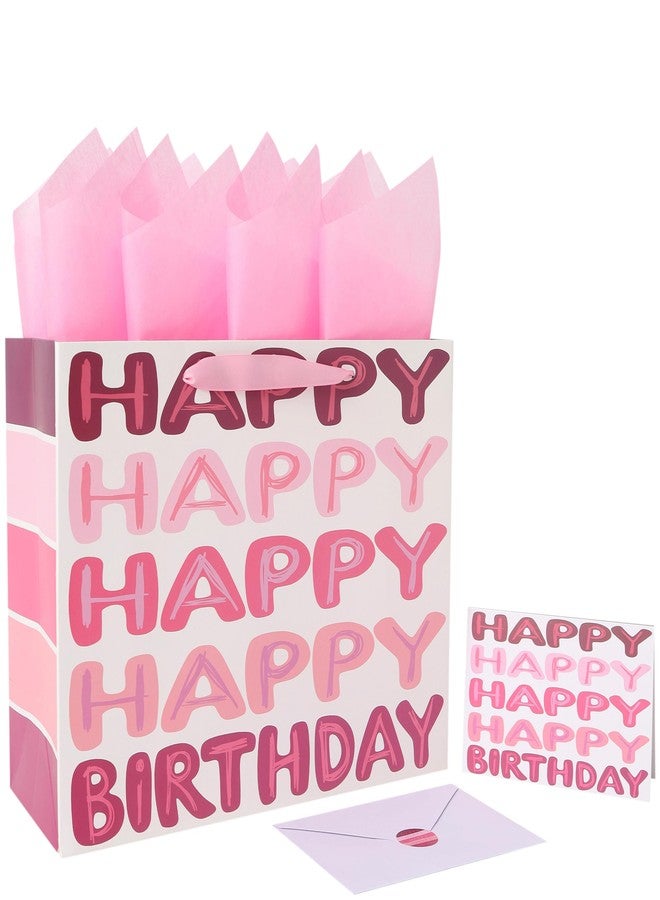 Qirrmiy 13'' Large Pink Happy Birthday Gift Bag Set with Handles, Greeting Card, Tissue Papers and Stickers for Women Girls Kids Teens, Words Design, 1 Pcs - Image 1