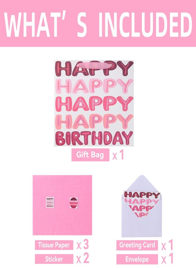 Qirrmiy 13'' Large Pink Happy Birthday Gift Bag Set with Handles, Greeting Card, Tissue Papers and Stickers for Women Girls Kids Teens, Words Design, 1 Pcs - Image 3
