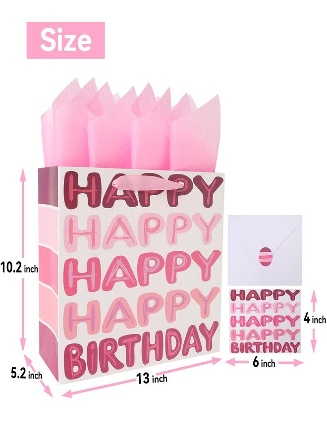 Qirrmiy 13'' Large Pink Happy Birthday Gift Bag Set with Handles, Greeting Card, Tissue Papers and Stickers for Women Girls Kids Teens, Words Design, 1 Pcs - Image 2
