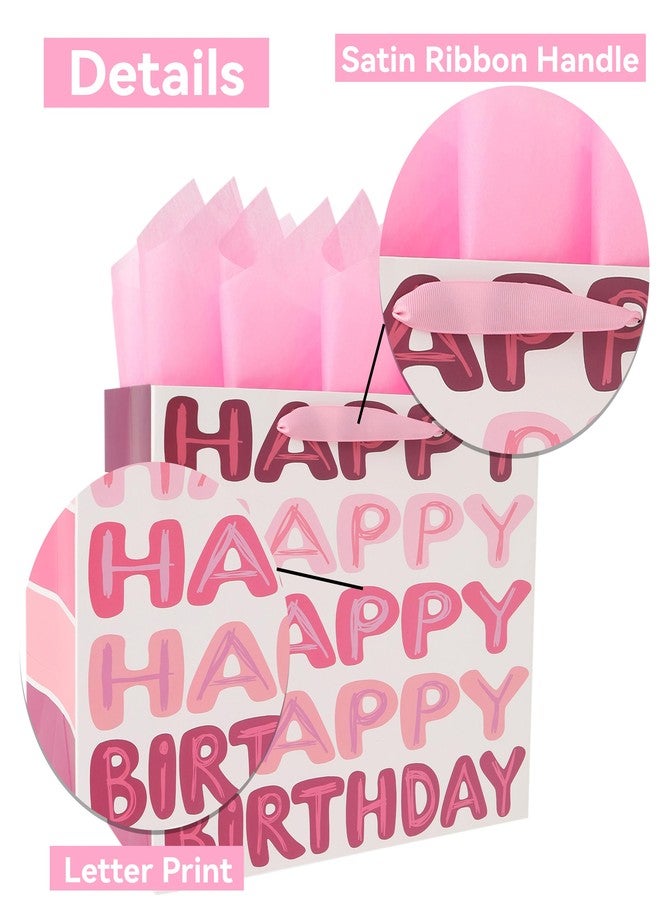 Qirrmiy 13'' Large Pink Happy Birthday Gift Bag Set with Handles, Greeting Card, Tissue Papers and Stickers for Women Girls Kids Teens, Words Design, 1 Pcs - Image 4