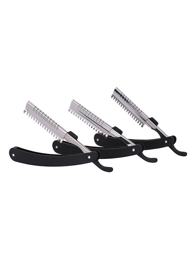 3-Piece Straight Razor Set - Plastic u0026 Iron Hair Styling Shavette with Folding Corrugated Blade - Hair Thinning, Texturizing u0026 Precision Cutting for Professionals u0026 Beginners (Black) - Image 3