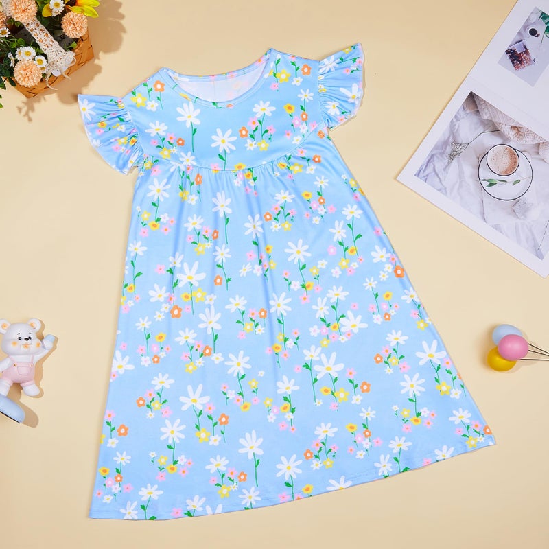 MHJY Girls Nightgowns Flutter Short Sleeves Princess Nightgown Sleepwear Soft Night Dress for Kids Toddler Girls,Blue - Image 4