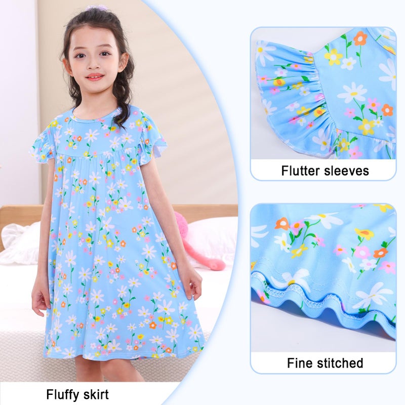 MHJY Girls Nightgowns Flutter Short Sleeves Princess Nightgown Sleepwear Soft Night Dress for Kids Toddler Girls,Blue - Image 3