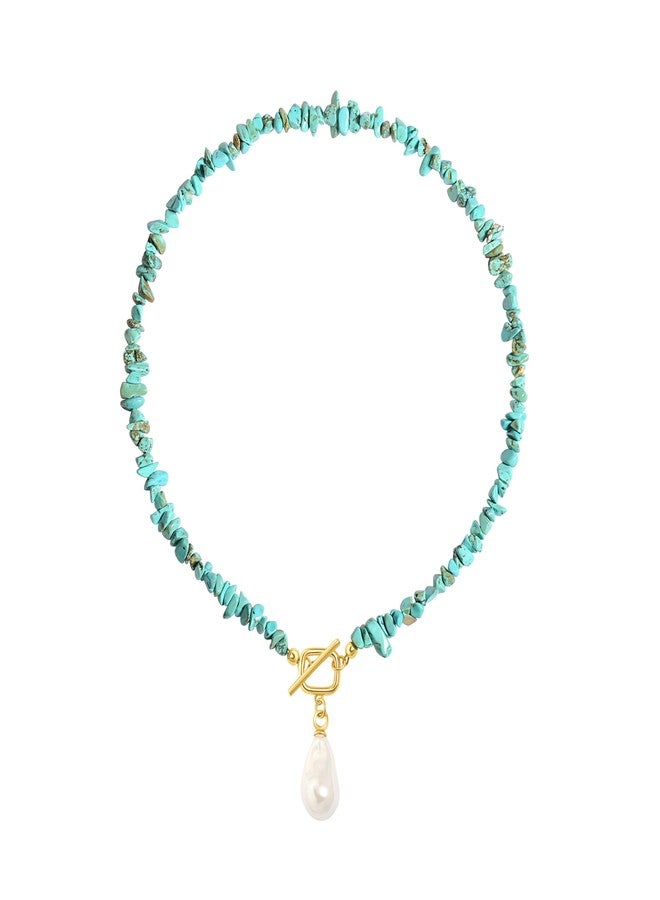 PEARLADA Boho Statement Turquoise Choker, Dainty Baroque Pearl Pendant Necklace, Trendy Turquoise Jewelry for Summer - Image 1