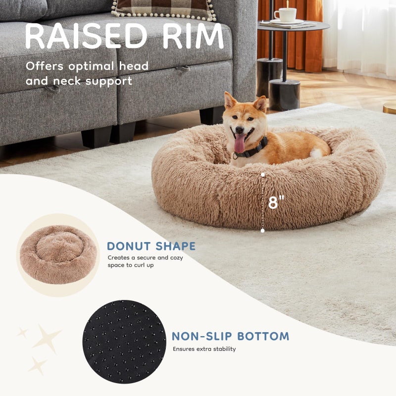 DUMOS 37.4x37.4 Inch Calming Donut Dog Beds for Large Dogs, Machine Washable Cuddler Warming Cozy Fluffy Faux Fur Plush Round Pet Bed, Anti-Slip Bed for Indoor Dogs and Cats, Brown - Image 4