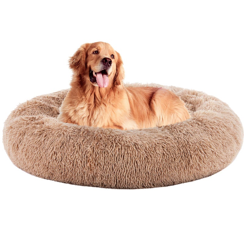 DUMOS 37.4x37.4 Inch Calming Donut Dog Beds for Large Dogs, Machine Washable Cuddler Warming Cozy Fluffy Faux Fur Plush Round Pet Bed, Anti-Slip Bed for Indoor Dogs and Cats, Brown - Image 1