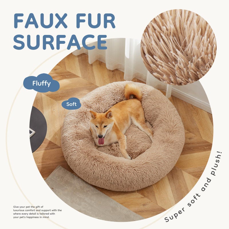 DUMOS 37.4x37.4 Inch Calming Donut Dog Beds for Large Dogs, Machine Washable Cuddler Warming Cozy Fluffy Faux Fur Plush Round Pet Bed, Anti-Slip Bed for Indoor Dogs and Cats, Brown - Image 2