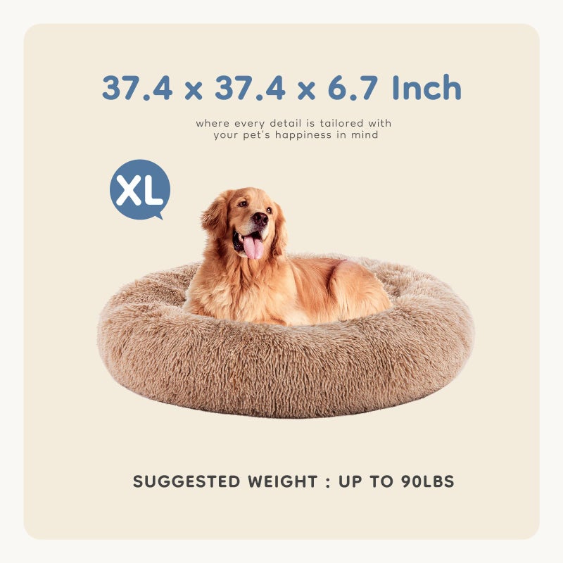 DUMOS 37.4x37.4 Inch Calming Donut Dog Beds for Large Dogs, Machine Washable Cuddler Warming Cozy Fluffy Faux Fur Plush Round Pet Bed, Anti-Slip Bed for Indoor Dogs and Cats, Brown - Image 3