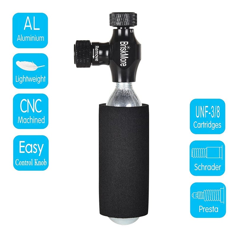 BriskMore CO2 Inflator Kits with 5 X 16g CO2 Cartridges for Bike Tires, Presta and Schrader Valve Compatible, Bike Tire Pump for Mountain and Road Bicycles, Included Insulated Sleeve - Image 3