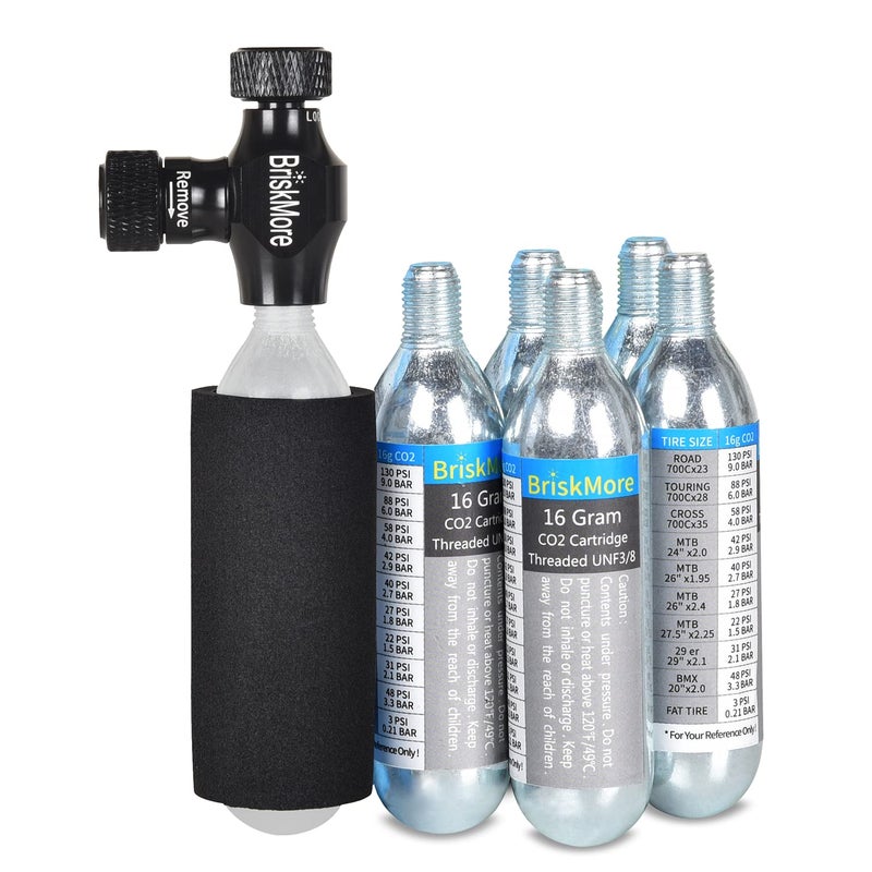 BriskMore CO2 Inflator Kits with 5 X 16g CO2 Cartridges for Bike Tires, Presta and Schrader Valve Compatible, Bike Tire Pump for Mountain and Road Bicycles, Included Insulated Sleeve - Image 1