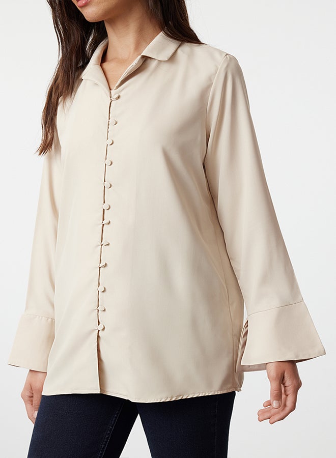 Beige Cuff Detailed Woven Shirt TCTSS24TG00068