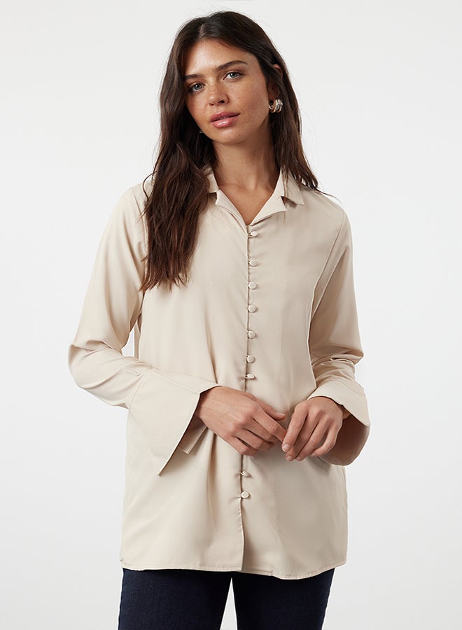 Beige Cuff Detailed Woven Shirt TCTSS24TG00068