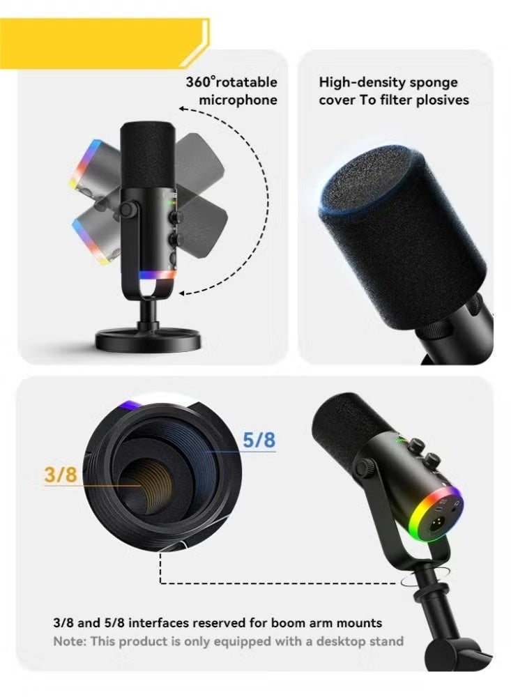 NeePho M03 Wireless / XLR Microphone Gaming Desktop Condenser – 48V Phantom Support with ANC Noise Reduction & Dynamic RGB - Gain Knob – Plug & Play for PC, Mobile , Streaming, Podcasting & Discord | Black - Image 4