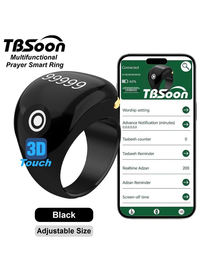 تي بي سون خاتم تسبيح ذكي ثلاثي الأبعاد، عداد تسبيح بشاشة ثلاثية الأبعاد، دليل مؤشر اتجاه الصلاة، ساعة منبه بخمسة أذان، شاشة كبيرة، بطارية كبيرة، مغفرة، مسبحة إلكترونية، هدية عيد الفطر وعيد الأضحى ورمضان، للرجال والنساء، مع تطبيق الهاتف الذكي - أسود برو - Image 1