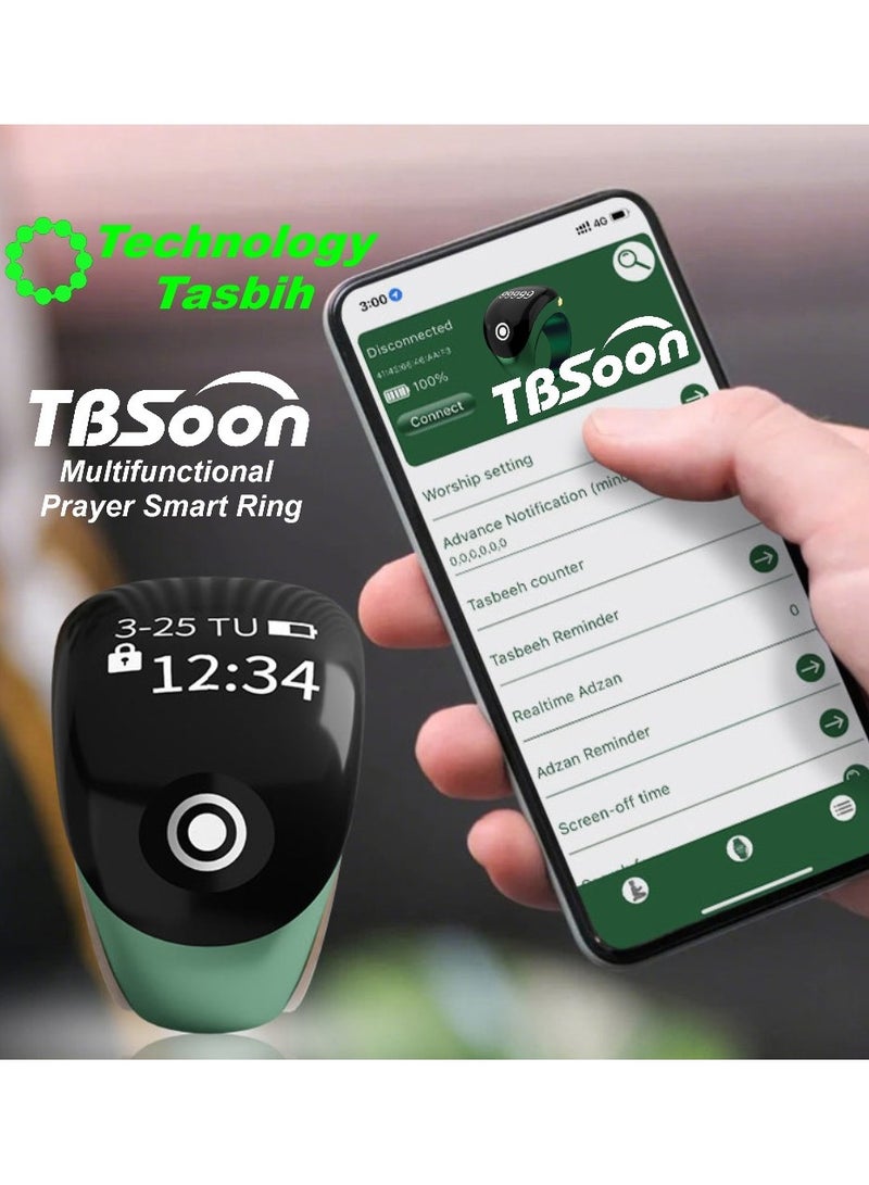 تي بي سون خاتم تسبيح ذكي ثلاثي الأبعاد، عداد تسبيح بشاشة ثلاثية الأبعاد، دليل مؤشر اتجاه الصلاة، ساعة منبه بخمسة أذان، شاشة كبيرة، بطارية كبيرة، مغفرة، مسبحة إلكترونية، هدية عيد الفطر وعيد الأضحى ورمضان، للرجال والنساء، مع تطبيق الهاتف الذكي - أسود برو - Image 2