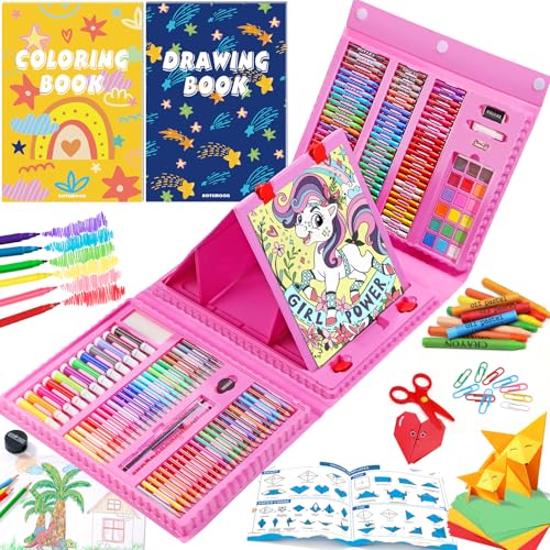 AOTEMOON All in One Art Supplies Art Kit Includes Origami PaperCutting Crafts Easel Colored Pencils Crayons Drawing Book Coloring Book Watercolor Markers and More Art Set for Kids Girls Boys Pink - Image 1