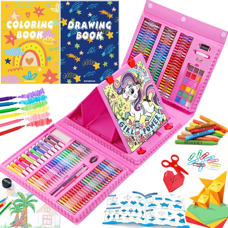 AOTEMOON All in One Art Supplies Art Kit Includes Origami PaperCutting Crafts Easel Colored Pencils Crayons Drawing Book Coloring Book Watercolor Markers and More Art Set for Kids Girls Boys Pink - Image 2