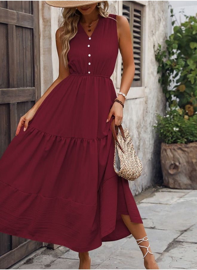 Tepveisoy Women's Casual And Fashionable Solid Color V-Neck Button Sleeveless Long Dress Long Dress  - Image 2