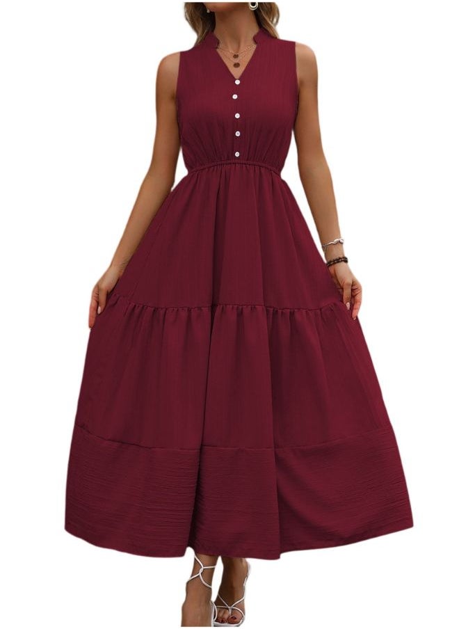 Tepveisoy Women's Casual And Fashionable Solid Color V-Neck Button Sleeveless Long Dress Long Dress  - Image 1