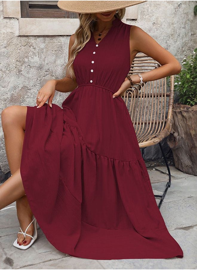 Tepveisoy Women's Casual And Fashionable Solid Color V-Neck Button Sleeveless Long Dress Long Dress  - Image 3