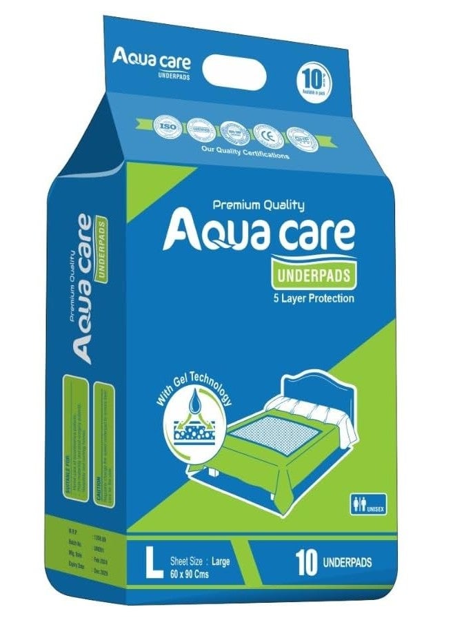 Aquacare New Gel Technology | With Adhesive Tape Premium Underpads I 7 Hrs Absorption I Waterproof I Protects Surfaces From Incontinence I Super Soft Polymer |Size Large (90x60cm)|10 Count x pack of 1 - Image 1