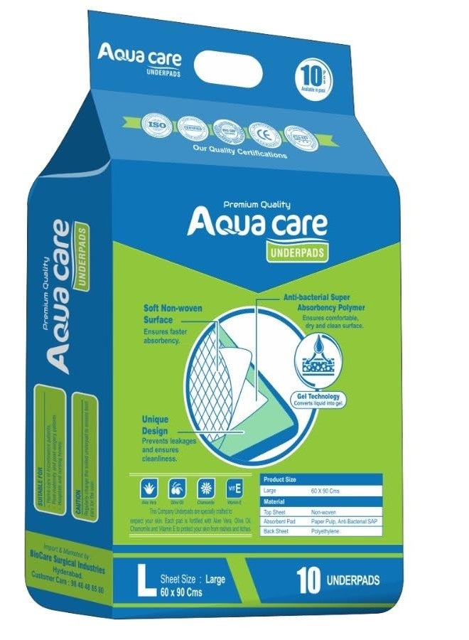 Aquacare New Gel Technology | With Adhesive Tape Premium Underpads I 7 Hrs Absorption I Waterproof I Protects Surfaces From Incontinence I Super Soft Polymer |Size Large (90x60cm)|10 Count x pack of 1 - Image 2