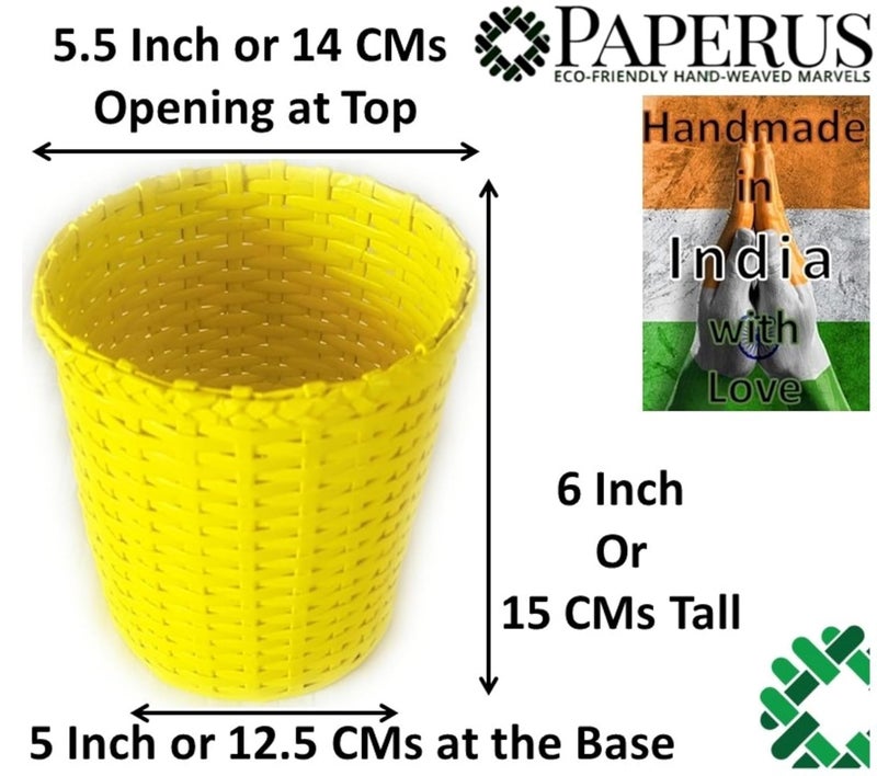 Sonas Creation Paperus, Yellow, Open-top Dustbin, Waste Basket, Trash Can, Paper Bin, Paint Brush Storage Basket, Small Size 3 Liter, 6 inch Tall, Eco Friendly, Handmade, of Paper Ropes - Image 2