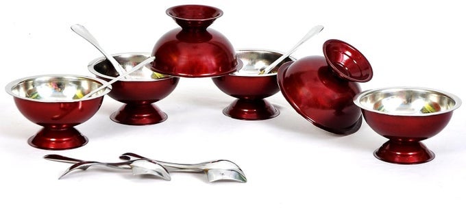 MAROON STAINLESS STEEL ICE CREAM CUPSOUP SET OF 12 BOWL AND SPOON SET 6 EACH