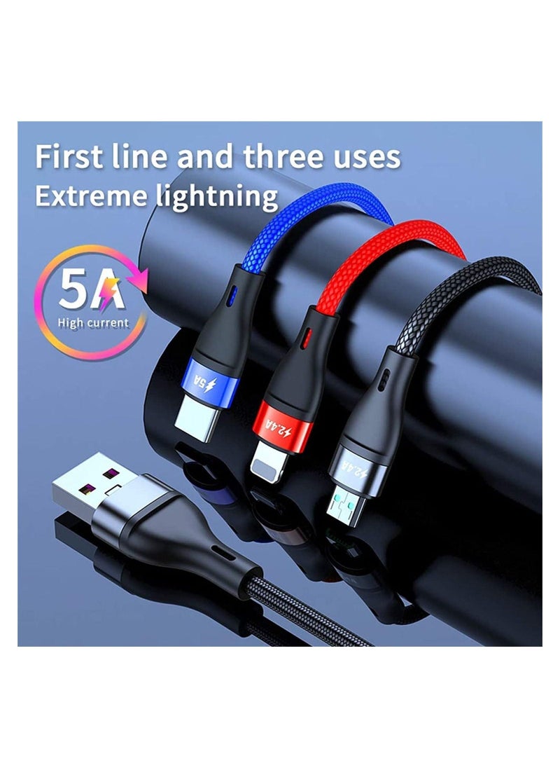 3 in 1 Charger Cable 3FT/1M Nylon Braided 5A Fast Charge Cable with iP Micro USB Type-C Compatible with Cell Phones Tablets USB C Cable - Image 2