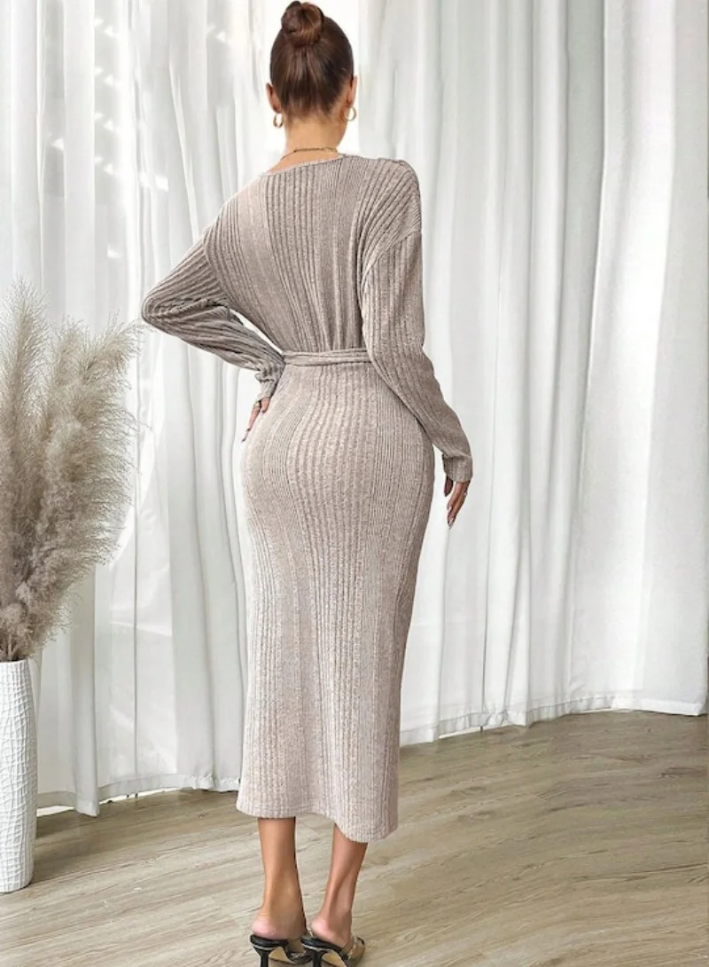 YUNIQEE Silver-toned Striped Long Sleeves Tie-Up Sheath Midi Dress