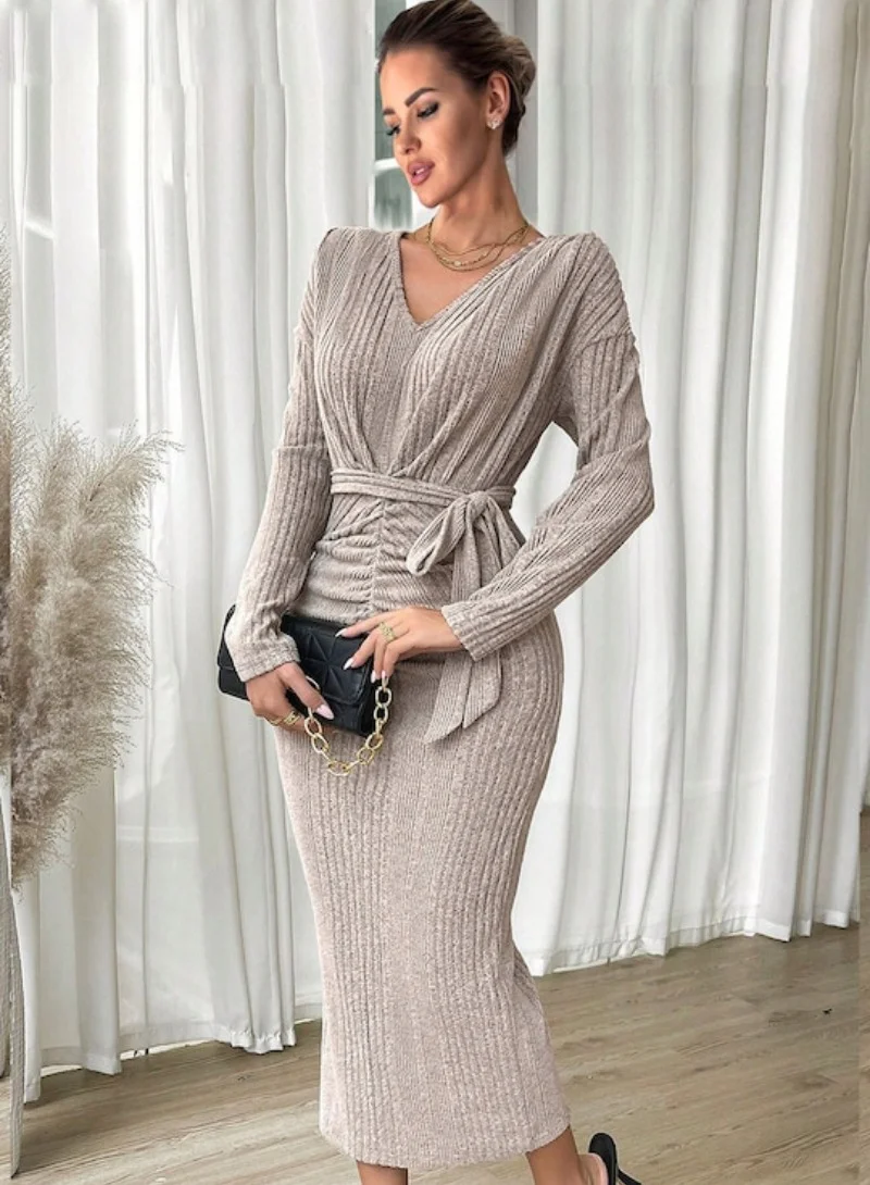 YUNIQEE Silver-toned Striped Long Sleeves Tie-Up Sheath Midi Dress